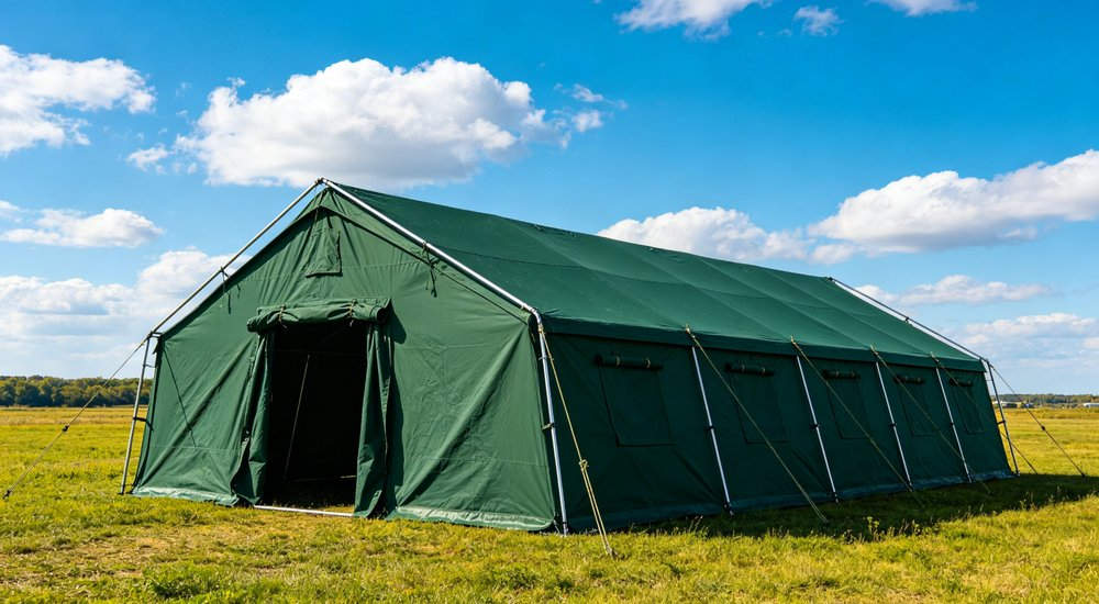 Emergency response tent captured during active deployment showing professional grade construction wind resistant frame and waterproof covering designed for long term use in challenging field conditions