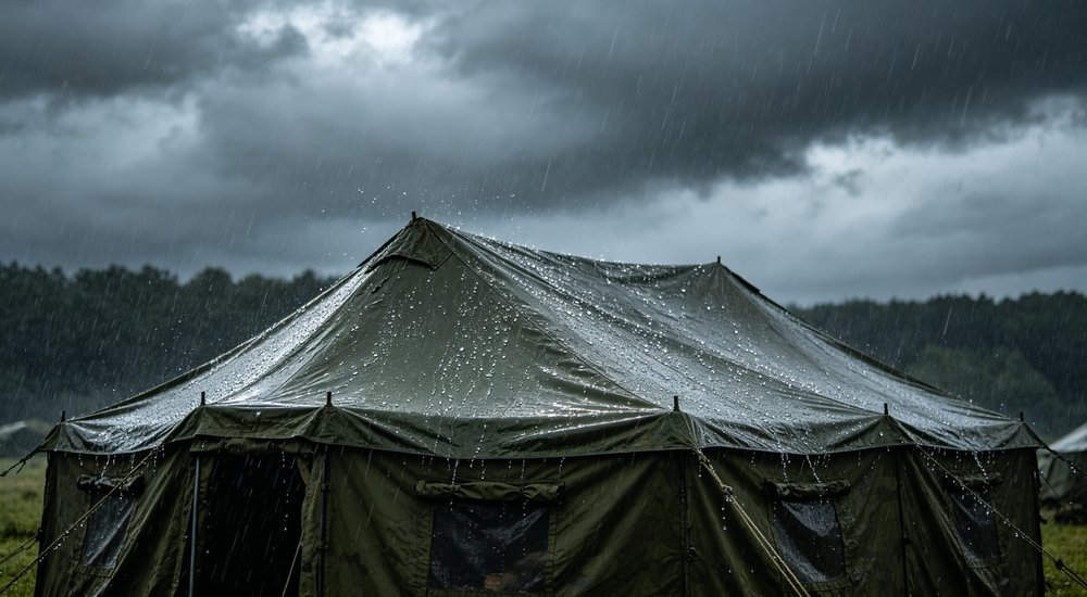Military tent in heavy rain storm with waterproof fabric shedding water droplets, dark stormy clouds, rainy weather conditions, realistic outdoor photography