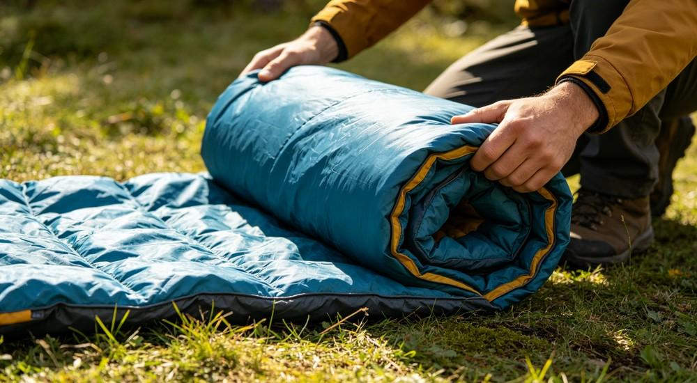 Multiple sleeping bags in orange blue green gray colors stacked neatly, product collection display, clean studio background, professional commercial photography, high quality outdoor gear