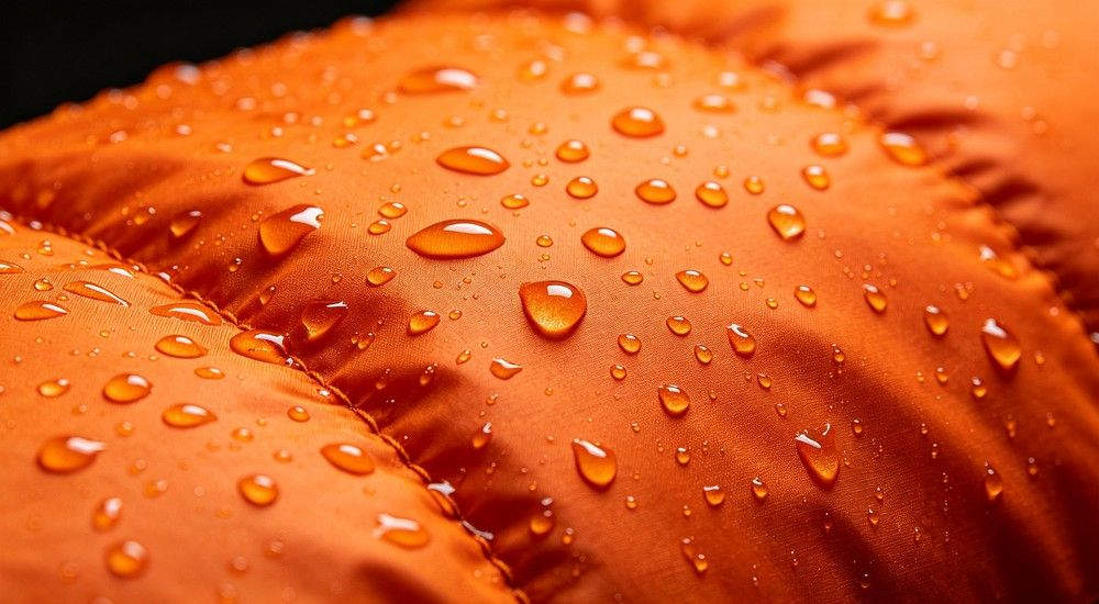 Water‑repellent surface of orange sleeping bag fabric with water droplets, waterproof performance demonstration, close‑up shot, professional product photography for outdoor camping gear Water‑repellent surface of orange sleeping bag fabric with water droplets, waterproof performance demonstration, close‑up shot, professional product photography for outdoor camping gear