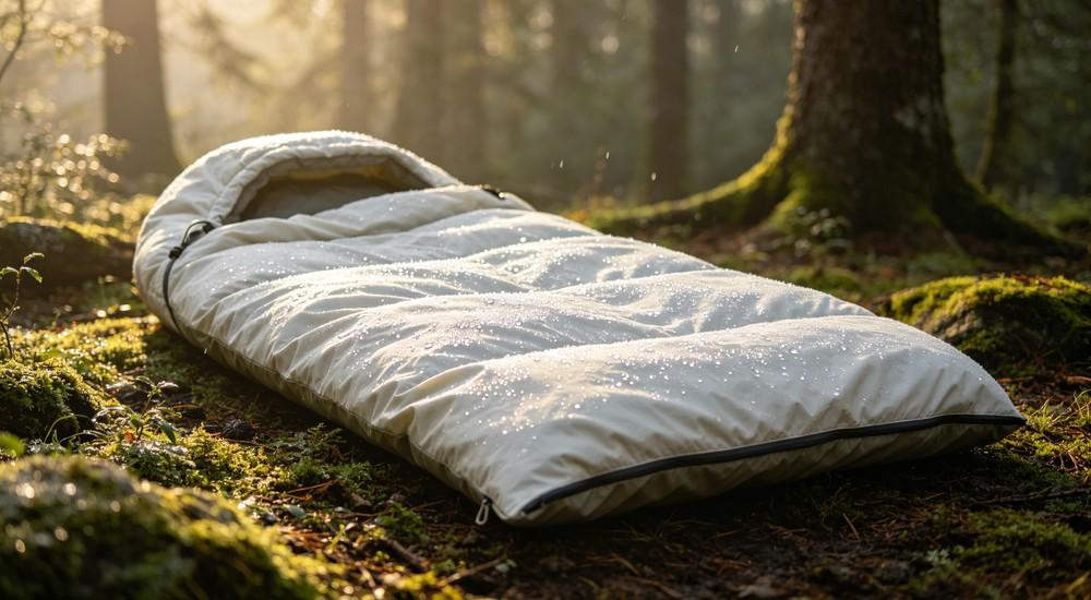 Close-up detail of olive green sleeping bag fabric texture and stitching, high quality product photography, neutral beige background, studio lighting, showing material quality and craftsmanship
