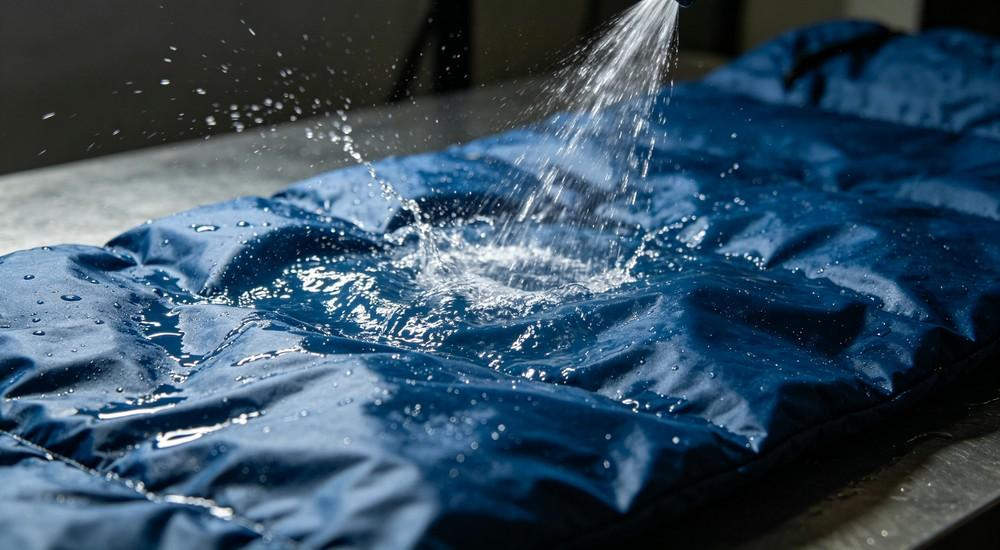 Water spray test on blue sleeping bag fabric, demonstrating waterproof performance of outdoor camping sleeping bag, lab product testing scene, high‑detail commercial photo Water spray test on blue sleeping bag fabric, demonstrating waterproof performance of outdoor camping sleeping bag, lab product testing scene, high‑detail commercial photo
