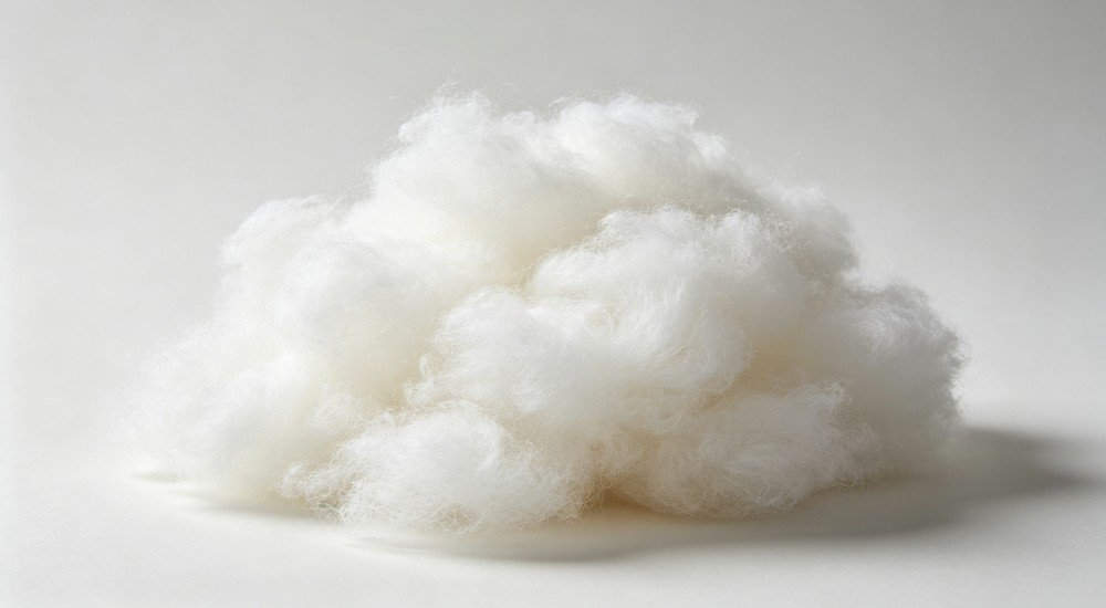 Loose white polyester fiber filling material for sleeping bag, fluffy thermal insulation filler, plain white studio background, close‑up product shot
