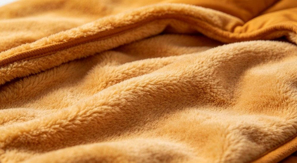 Soft plush fleece inner lining of sleeping bag, cozy warm interior fabric texture, close‑up macro shot, outdoor camping gear detail photography