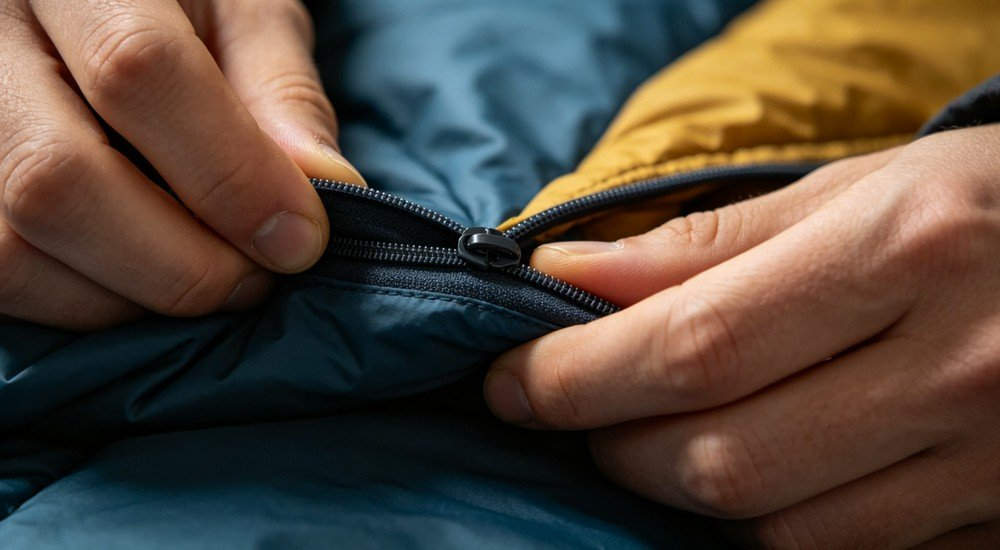Human hands zipping up sleeping bag, smooth zipper operation demonstration, close‑up shot of outdoor camping sleeping bag hardware detail, real‑use scenario product photo