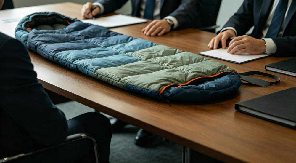 Color blocked mummy style sleeping bag placed on wooden conference table surrounded by business people in suits, B2B product presentation scenario, professional commercial photography