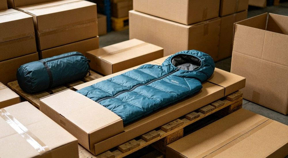 Unfolded and compression packed blue mummy sleeping bag displayed on wooden pallet, warehouse bulk stock scene with stacked carton boxes, B‑bulk supply product shot