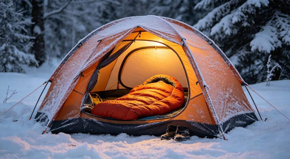 Person resting inside warm mummy sleeping bag in snow‑covered winter tent, cold‑weather outdoor camping scene, nighttime wilderness environment Person resting inside warm mummy sleeping bag in snow‑covered winter tent, cold‑weather outdoor camping scene, nighttime wilderness environment
