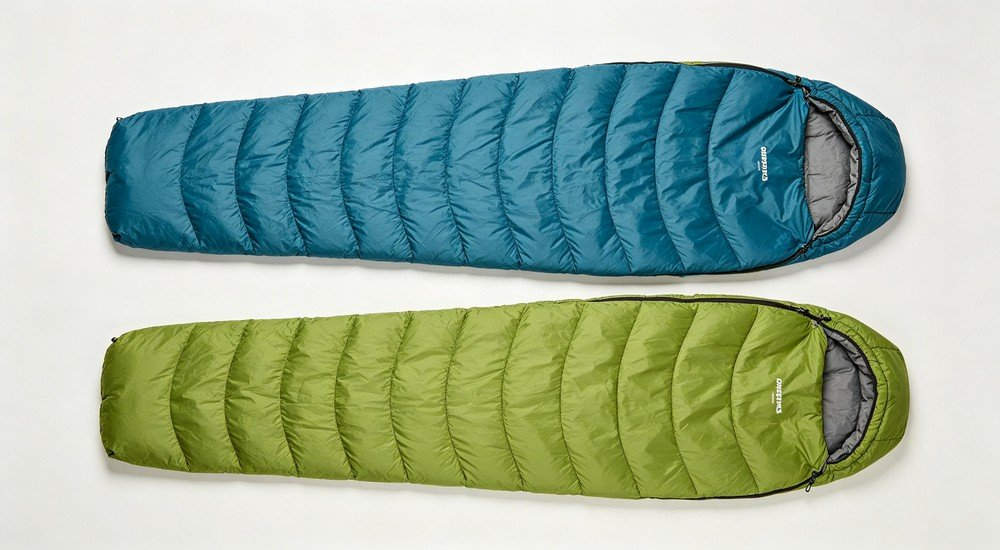 Two mummy‑style sleeping bags in teal blue and olive green color, laid flat on plain white background, quilted stitching design, product flat‑lay shot