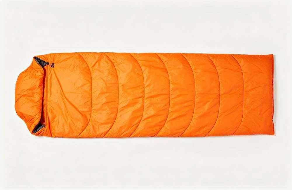 bright orange mummy sleeping bag with baffled stitching laid flat on plain white background