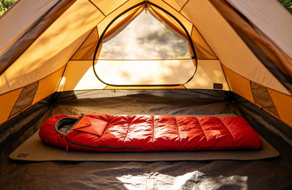 Wide angle view of bright well-lit tent interior with red envelope sleeping bag laid flat horizontally on camping mat, natural daylight streaming through tent opening, clear product details, no people