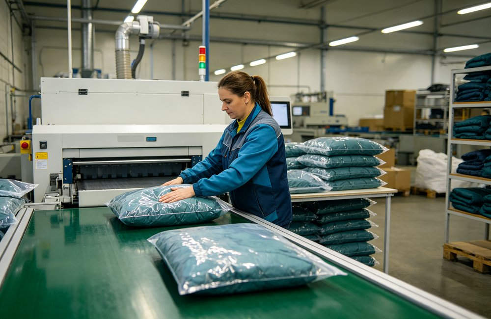 Side view of factory worker compressing and packing blue envelope sleeping bags into vacuum bags on packaging line, bulk order preparation, industrial compression equipment, sleeping bag quality control process