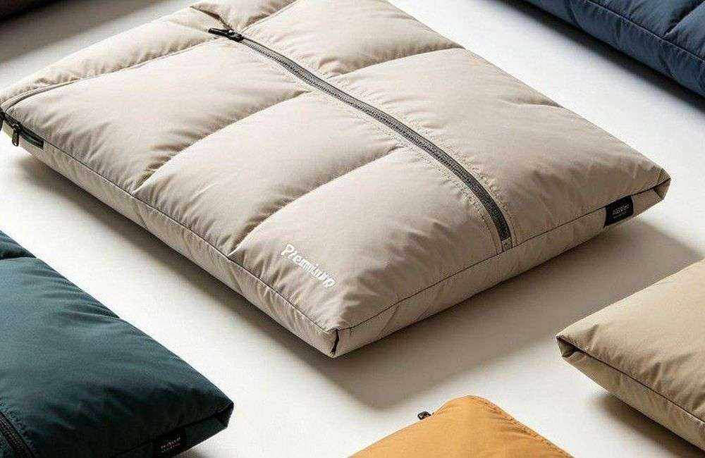 Wide angle view of premium navy blue envelope sleeping bag product display on clean wooden deck in studio setting, professional product photography, soft lighting, high-end merchandise showcase, no people