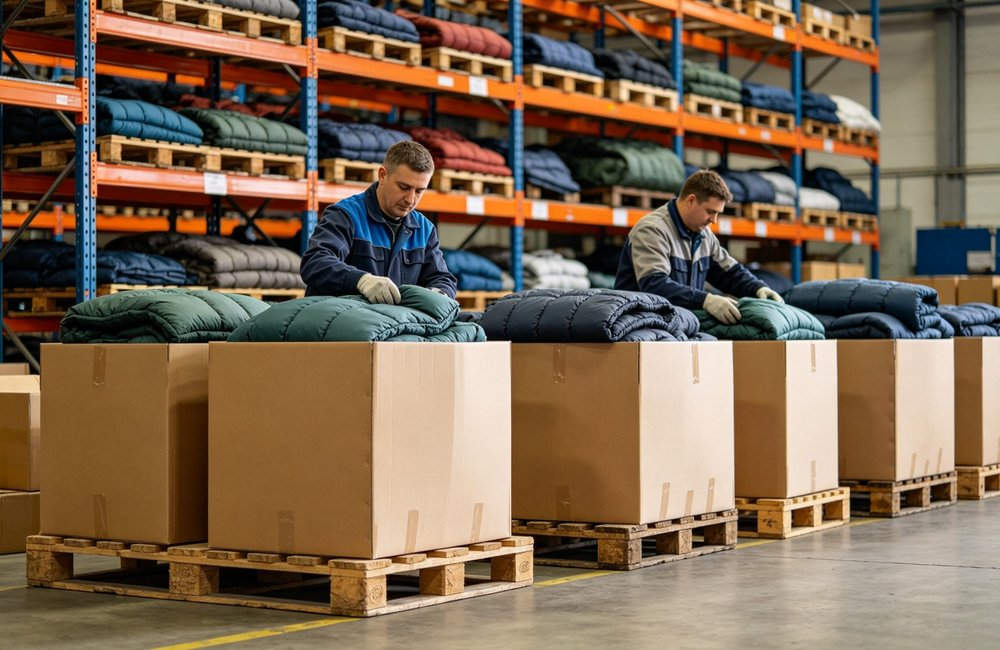 Wide angle view of factory warehouse with Asian workers packing envelope sleeping bags into large export cartons on wooden pallets, logistics and shipping preparation, bulk packaging, organized storage facility