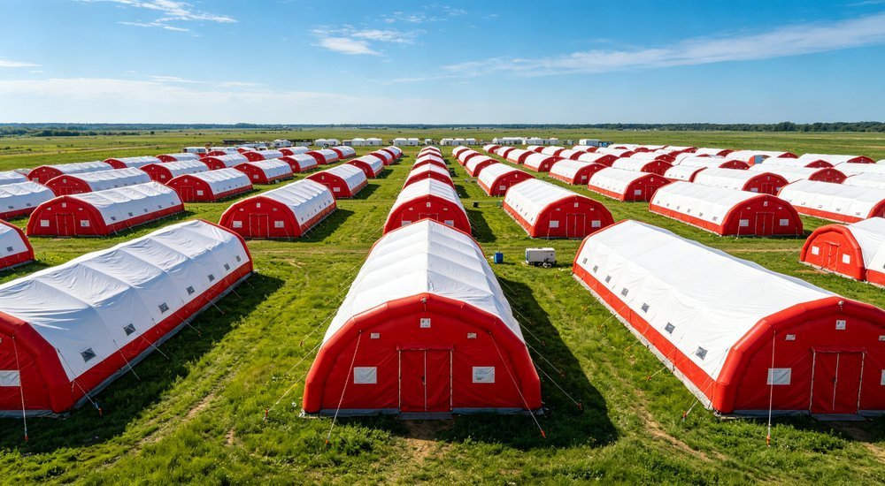 Aerial view of humanitarian relief camp with rows of emergency tents, disaster response operation from above perspective, professional aerial photography