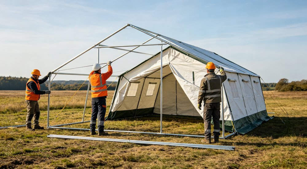 Three workers assembling steel tube frame of relief tent, metal pole construction teamwork on outdoor field, professional documentary photography of shelter setup