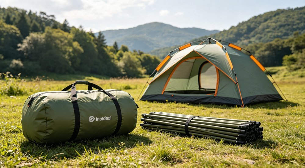 Inflatable tent packed into compact storage bag for easy transport, lightweight portable design showing convenient storage solution, professional product photography
