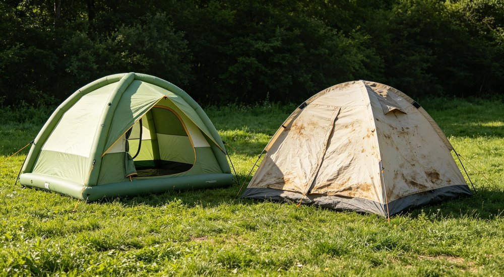 Inflatable tent lifespan comparison showing wear and maintenance stages over time, product durability concept with timeline visual guide, professional photography