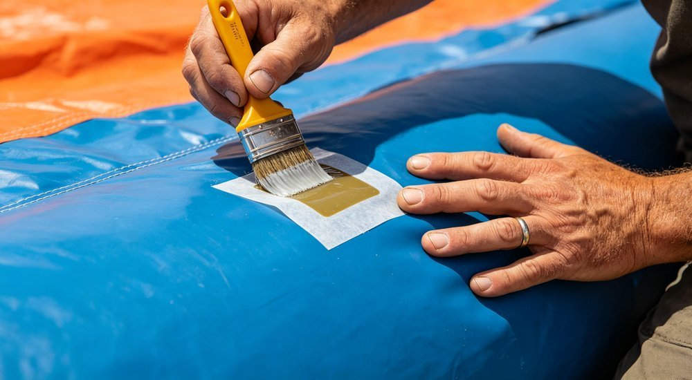 Worker applying PVC repair patch to inflatable tent fabric, close-up maintenance and repair work process in field conditions, professional photography