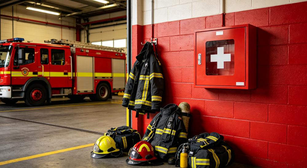 Interior shot of fire station with red wall cabinet on red brick wall firefighter gear and yellow helmets below with fire truck in background