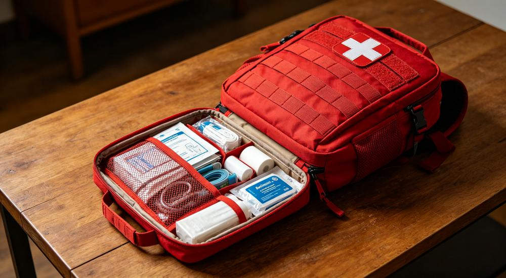 Angled top-down shot of red MOLLE tactical backpack opened on wooden table showing organized medical supplies inside compartments