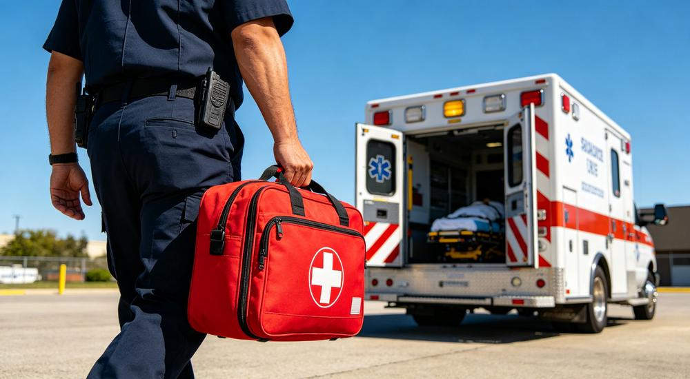 Rear view of emergency responder in dark uniform carrying red first aid kit walking toward open ambulance under clear blue sky