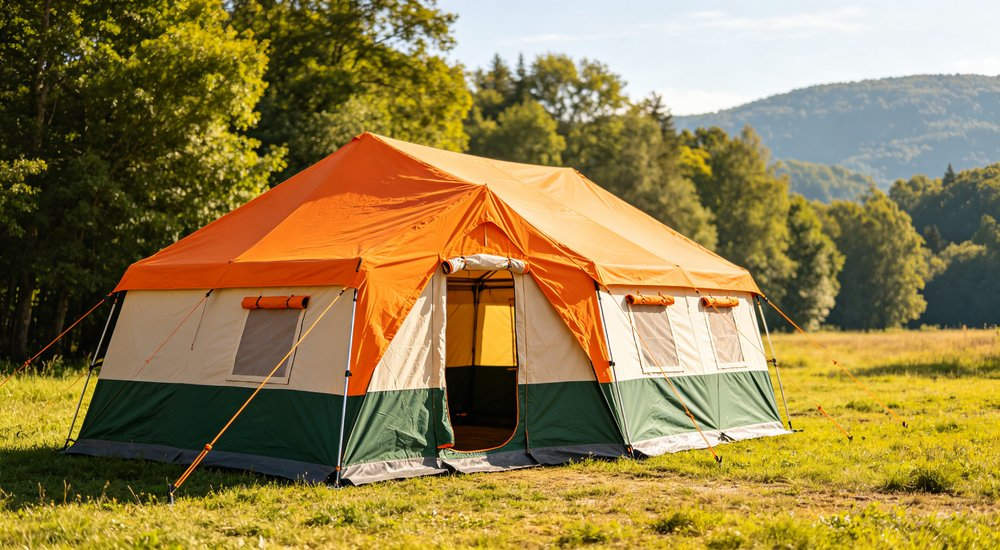 Professional emergency relief tent photographed in field deployment showing sturdy construction waterproof fabric and steel frame design suitable for disaster response and humanitarian aid operations
