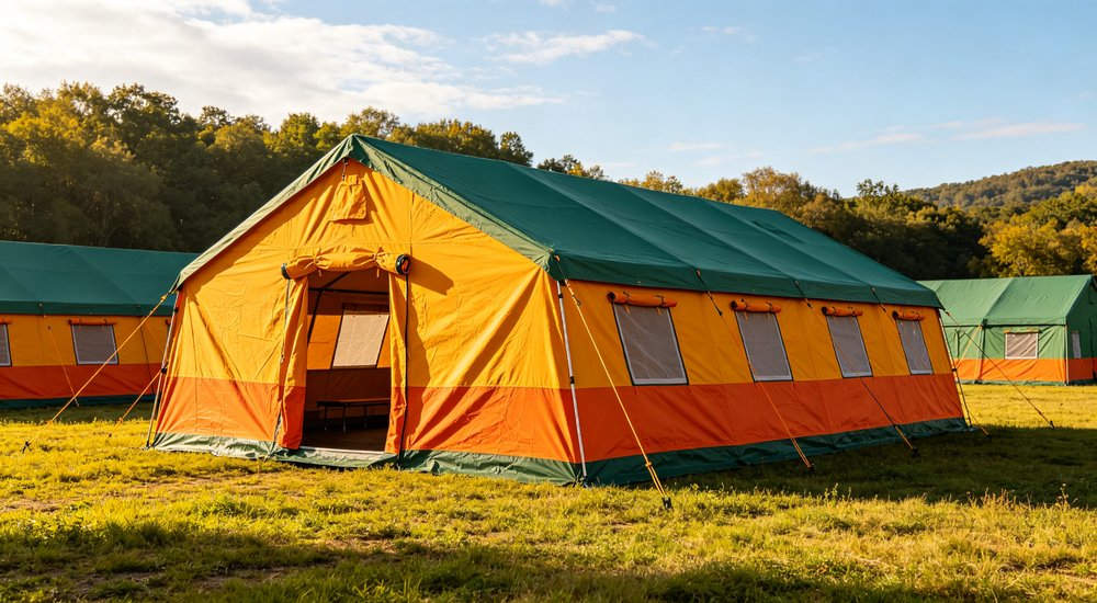 Heavy duty emergency frame tent displayed in operational setting demonstrating quick setup capability durable canvas exterior and spacious interior capacity for humanitarian relief missions