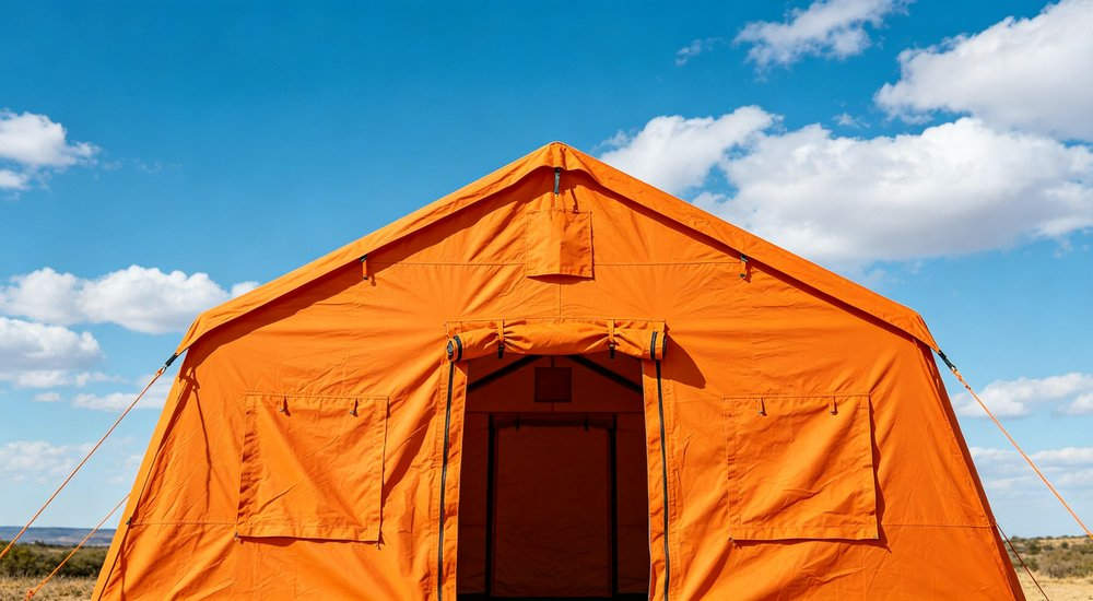 Humanitarian relief tent photographed at aid distribution camp providing reliable shelter with strong steel framework quality stitching and weather resistant fabric for disaster affected communities