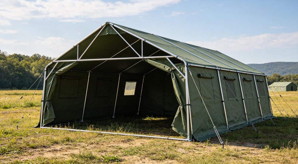 Field deployed emergency shelter showing robust frame construction waterproof material and practical design features meeting international standards for disaster response and refugee accommodation