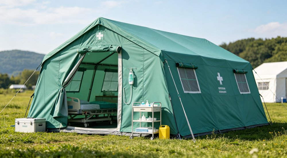 Professional emergency relief tent photographed in field deployment showing sturdy construction waterproof fabric and steel frame design suitable for disaster response and humanitarian aid operations