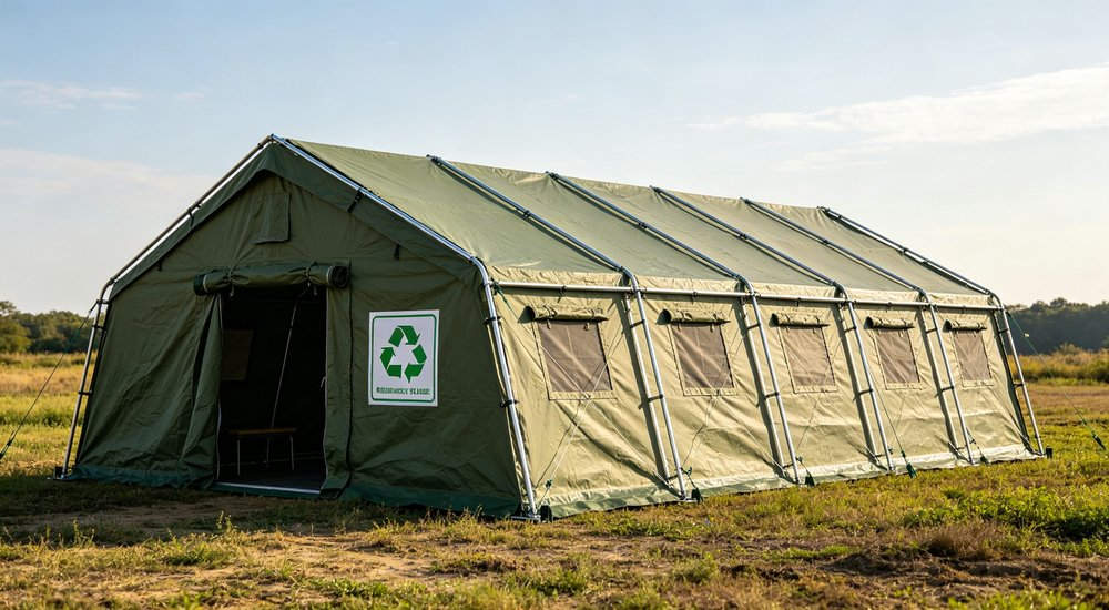 Large emergency shelter tent installed at disaster relief site providing weatherproof accommodation for affected populations with reinforced structure and quality materials visible