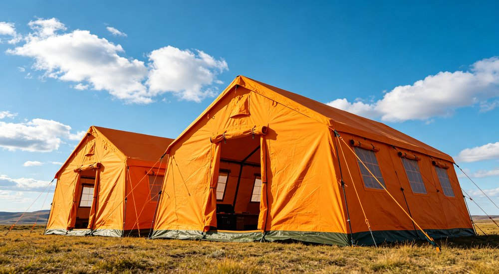 Emergency response tent captured during active deployment showing professional grade construction wind resistant frame and waterproof covering designed for long term use in challenging field conditions