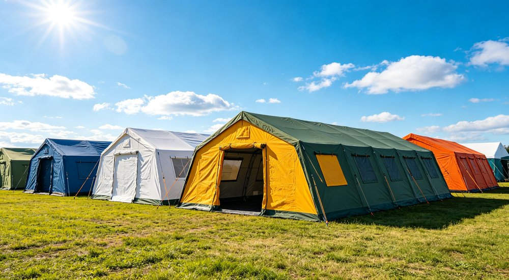 Large emergency shelter tent installed at disaster relief site providing weatherproof accommodation for affected populations with reinforced structure and quality materials visible