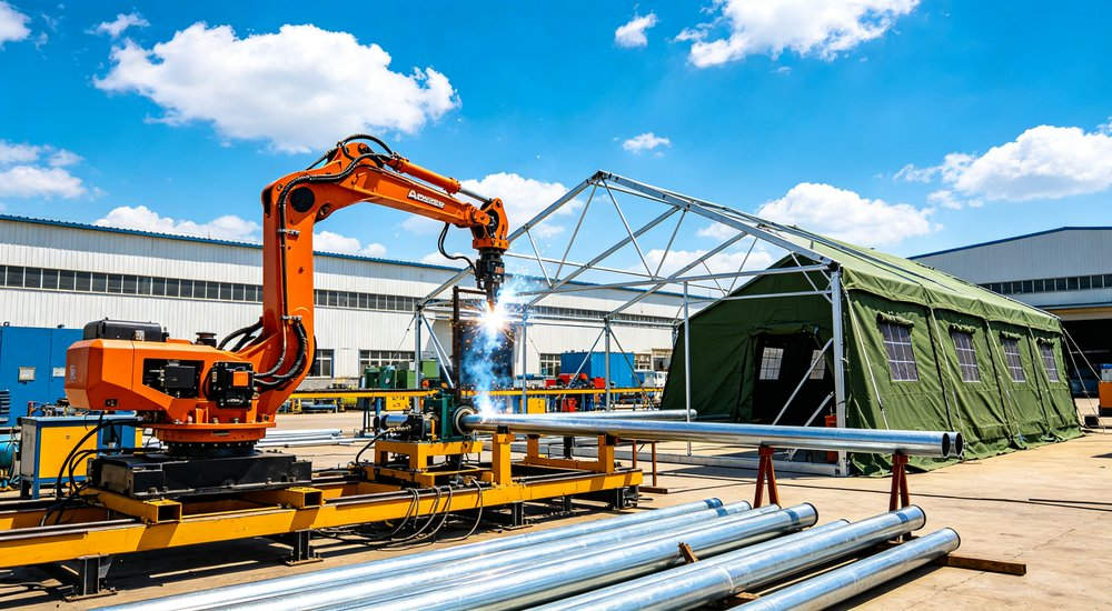 Heavy duty emergency frame tent displayed in operational setting demonstrating quick setup capability durable canvas exterior and spacious interior capacity for humanitarian relief missions