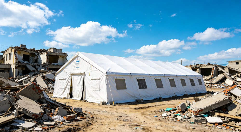 Emergency response tent captured during active deployment showing professional grade construction wind resistant frame and waterproof covering designed for long term use in challenging field conditions