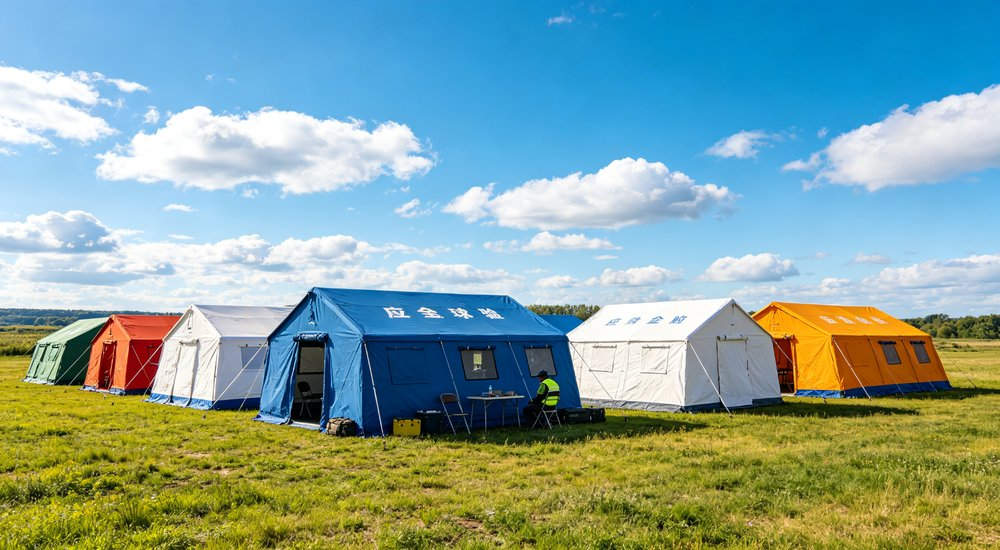 Humanitarian relief tent photographed at aid distribution camp providing reliable shelter with strong steel framework quality stitching and weather resistant fabric for disaster affected communities