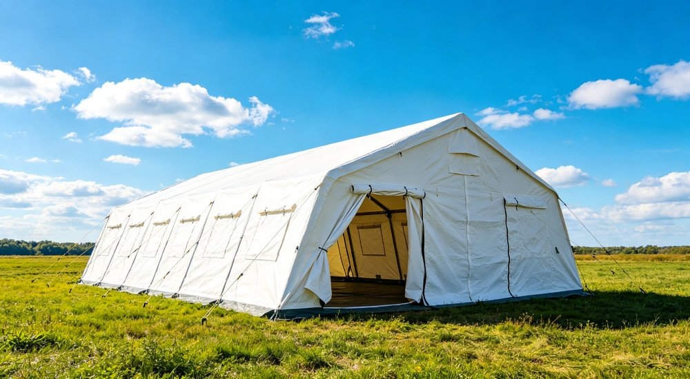 Field deployed emergency shelter showing robust frame construction waterproof material and practical design features meeting international standards for disaster response and refugee accommodation