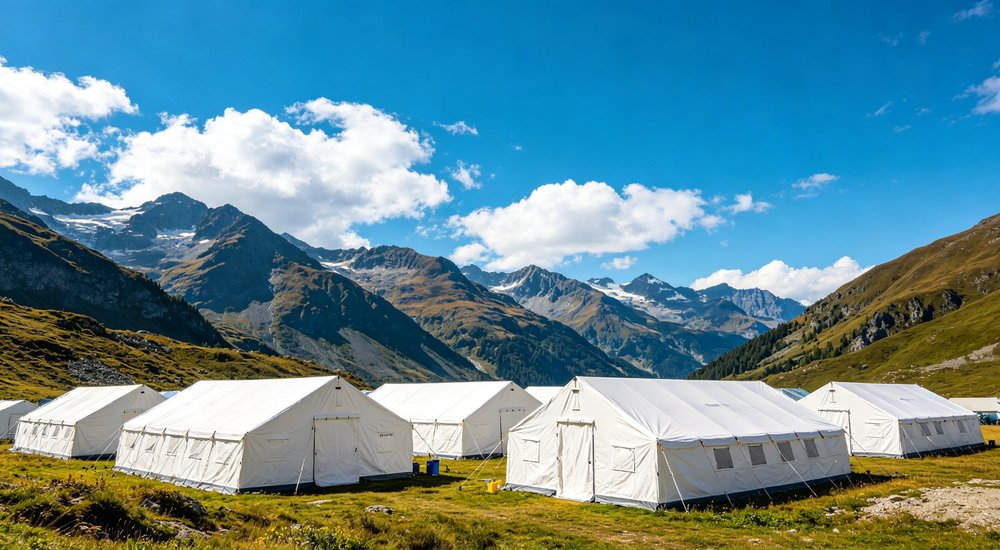 Professional emergency relief tent photographed in field deployment showing sturdy construction waterproof fabric and steel frame design suitable for disaster response and humanitarian aid operations