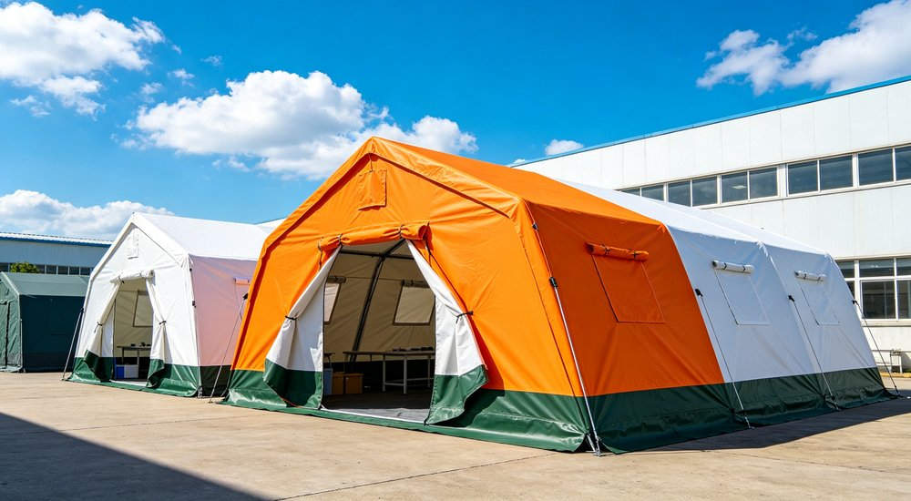 Large emergency shelter tent installed at disaster relief site providing weatherproof accommodation for affected populations with reinforced structure and quality materials visible
