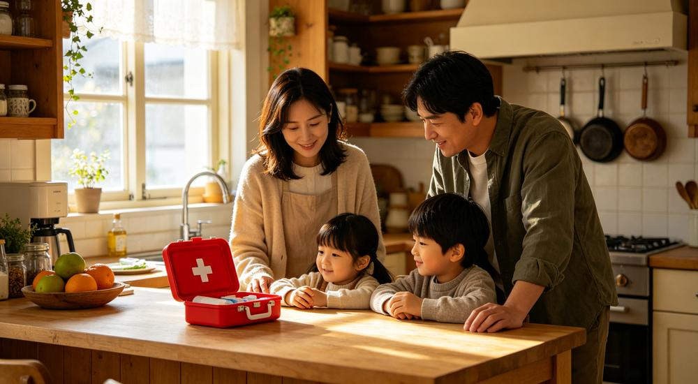 Warm lifestyle shot of family in bright kitchen looking at small red first aid kit on wooden countertop with natural window light