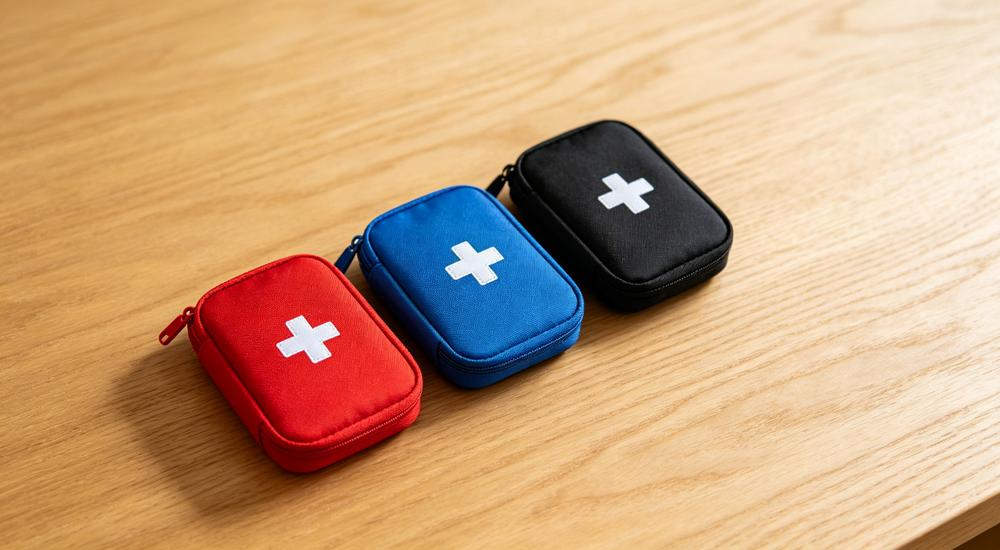 Top-down shot of three mini first aid pouches in red blue and black with white cross logos arranged on light wood surface Top-down shot of three mini first aid pouches in red blue and black with white cross logos arranged on light wood surface
