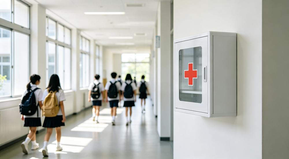 Wide shot of bright school hallway with white wall-mounted first aid cabinet on right wall and students walking away in uniforms