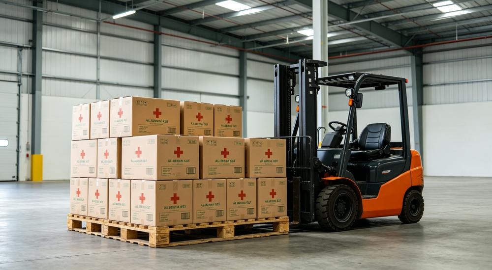 Warehouse shot of orange forklift lifting pallet stacked with brown boxes printed with red cross symbols in clean industrial warehouse