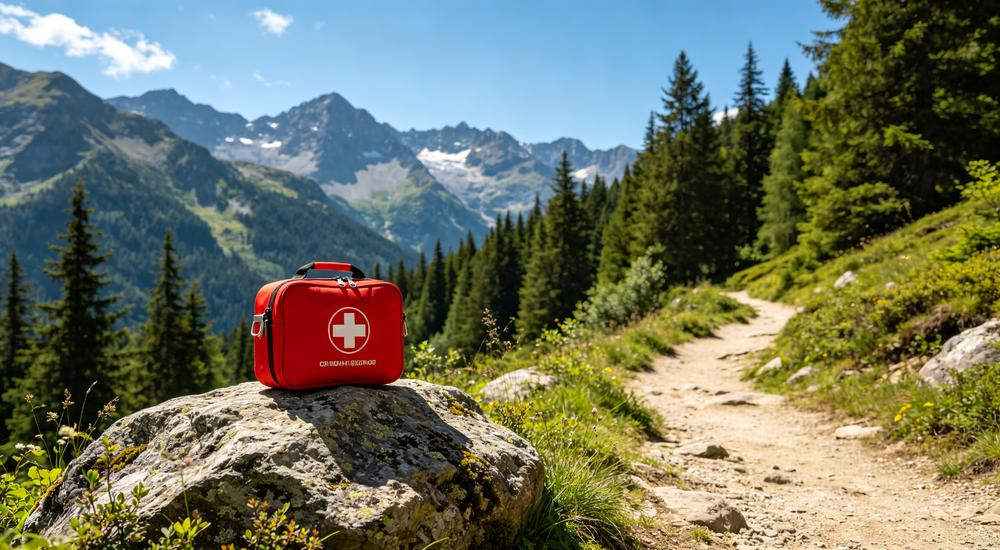 Scenic outdoor shot of red first aid kit with white cross placed on gray rock beside mountain trail with pine trees and blue sky