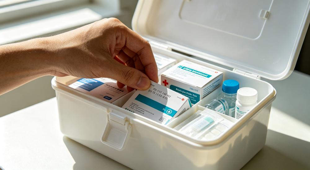 Close-up of hand checking expiration date on medical box inside white first aid kit on clean table with bright window light
