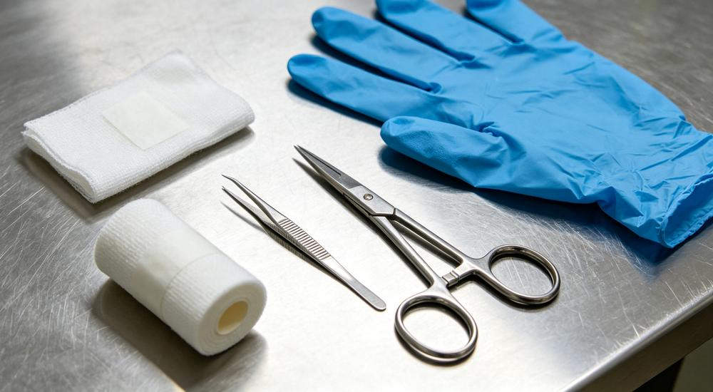 Top-down shot of rolled bandage scissors tweezers forceps and blue nitrile glove arranged on bright stainless steel table