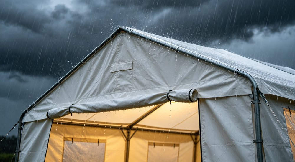 Aerial wide view of disaster relief camp with rows of emergency tents, fabric shelters in field deployment, professional aerial photography of humanitarian operation