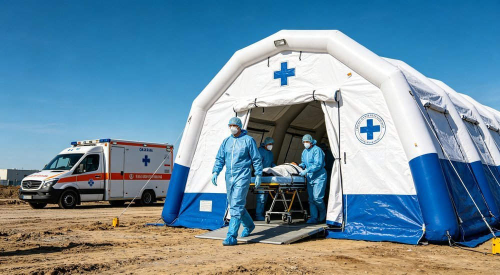 Hero shot of medical emergency inflatable tent at disaster site, rapid response field hospital deployment, professional emergency medical photography for humanitarian relief shelter procurement with professional quality standards