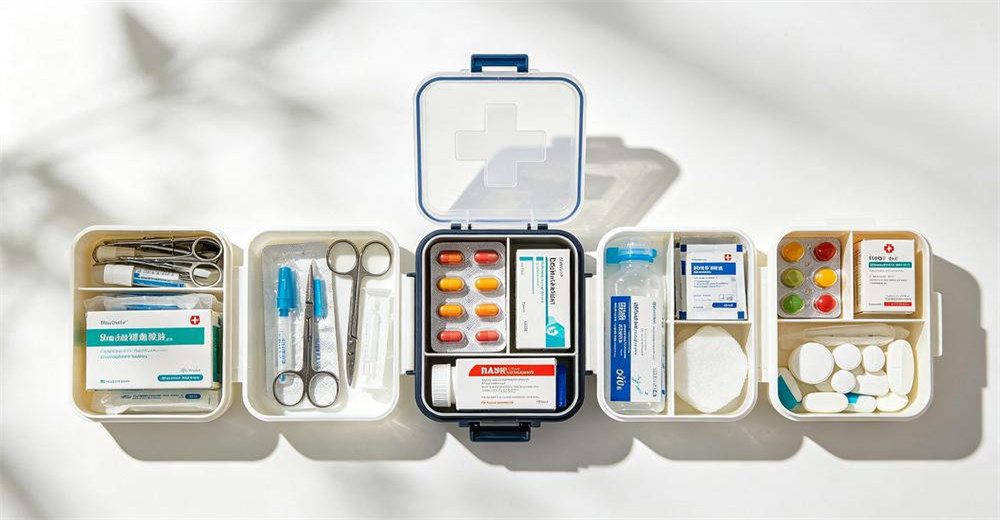 Top-down flat lay of open white hard shell first aid kit with five organized compartments showing bandages scissors tweezers and pills on white surface